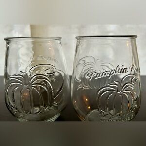 Set of 2 Circleware Pumpkin Patch stemless glasses.